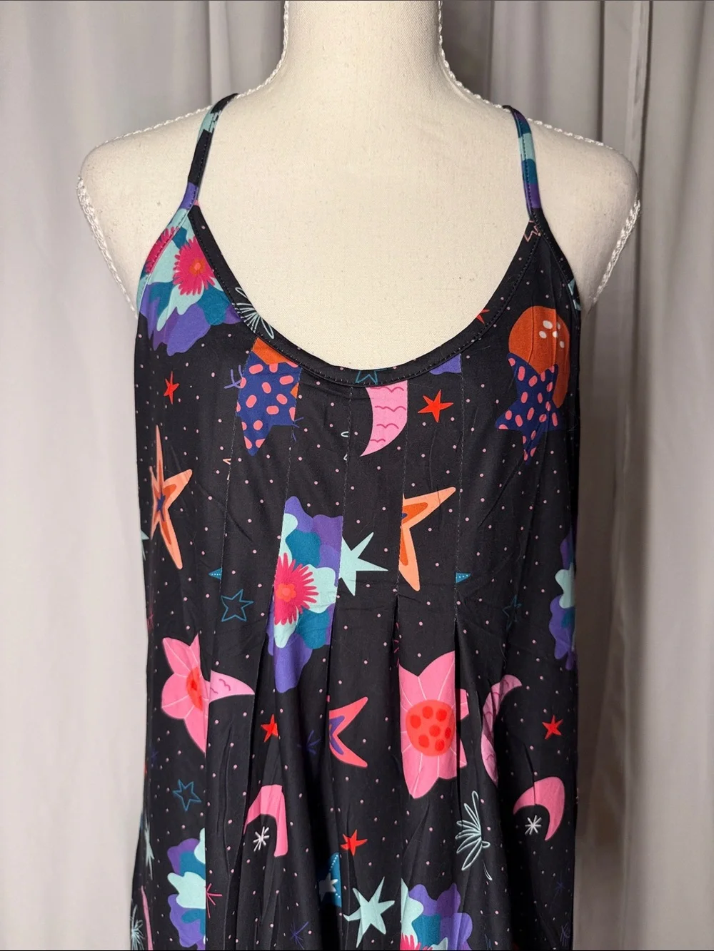 Women's Black Floral & Star Print Chemise Slip